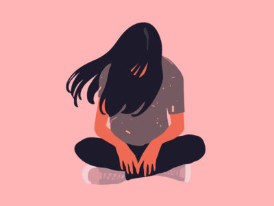 Sad and lonely teenager girl sitting in lotus position on the floor and lowered her head down. Depression, sorrow, sadness, mental disorder, illness. Flat vector illustration