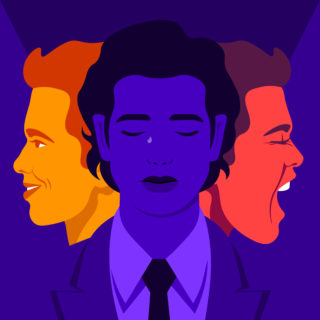 Bipolar disorder. Joy and aggression. Scream and smile. Male’s face in profile. Vector flat illustration